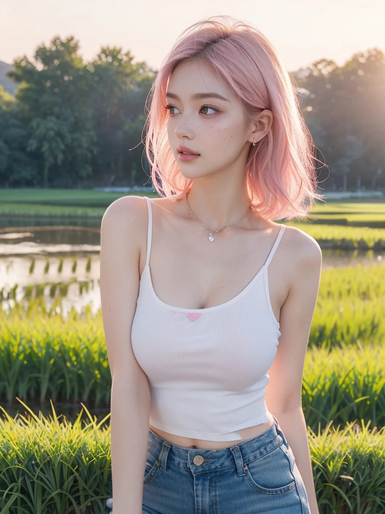 Background (near rice field) , camara angle front view, wearing a yellow short and a blue white t-shirt , playing in the field, happy face , beautiful view, sunset view, sexy, lustful, cute girl short pink hair, pink pussy, ,all her hair short pink , with a star clip in her pink hair, light colored eyes, pretty eyes, happy eyes, pretty, upturned nose, watery nose, Pretty lips, pink lips, heart and cupid shaped lip, pretty skin, pale, White skin, with moles and freckles all over his face, soft pink blush on the cheeks, natural pink blush, soft pink makeup, Jennie, nice neck, frown, tender look, with a kiss necklace, while having a bare abdomen, Delgado, marked and pretty, (big breasts, soft breasts, nice breasts), photorealism, 8k , photorealistic , show clearly,
