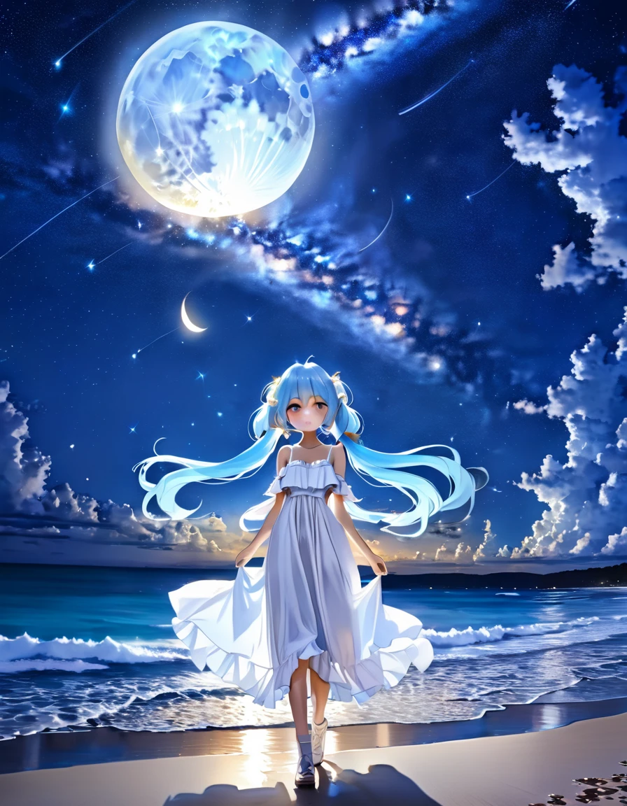 Night sky beach、Big Moon、milky way、Lots of shooting stars、Light blue long hair、Beautiful girl with twin tails、White long dress、Bigger in the center、Face Highlights、