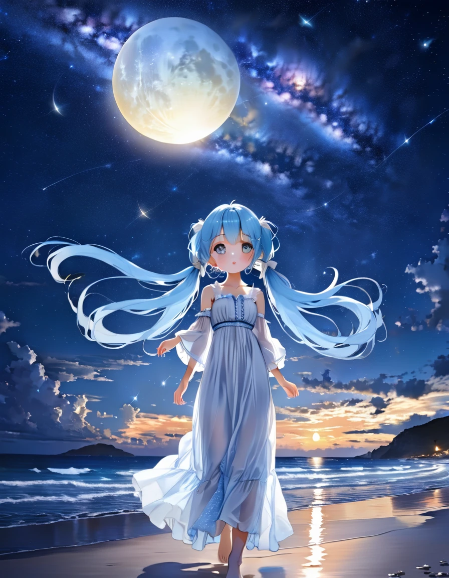Night sky beach、Big Moon、milky way、Lots of shooting stars、Light blue long hair、Beautiful girl with twin tails、White long dress、Bigger in the center、Face Highlights、