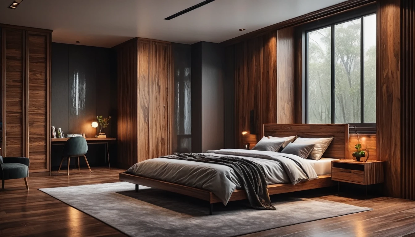 Stylish bedroom with woodgrain interior, moody, rain outside the window. Hyper-realistic, photo-realistic, ultra-detailed, 4K,top quality,masterpiece,stylish interior