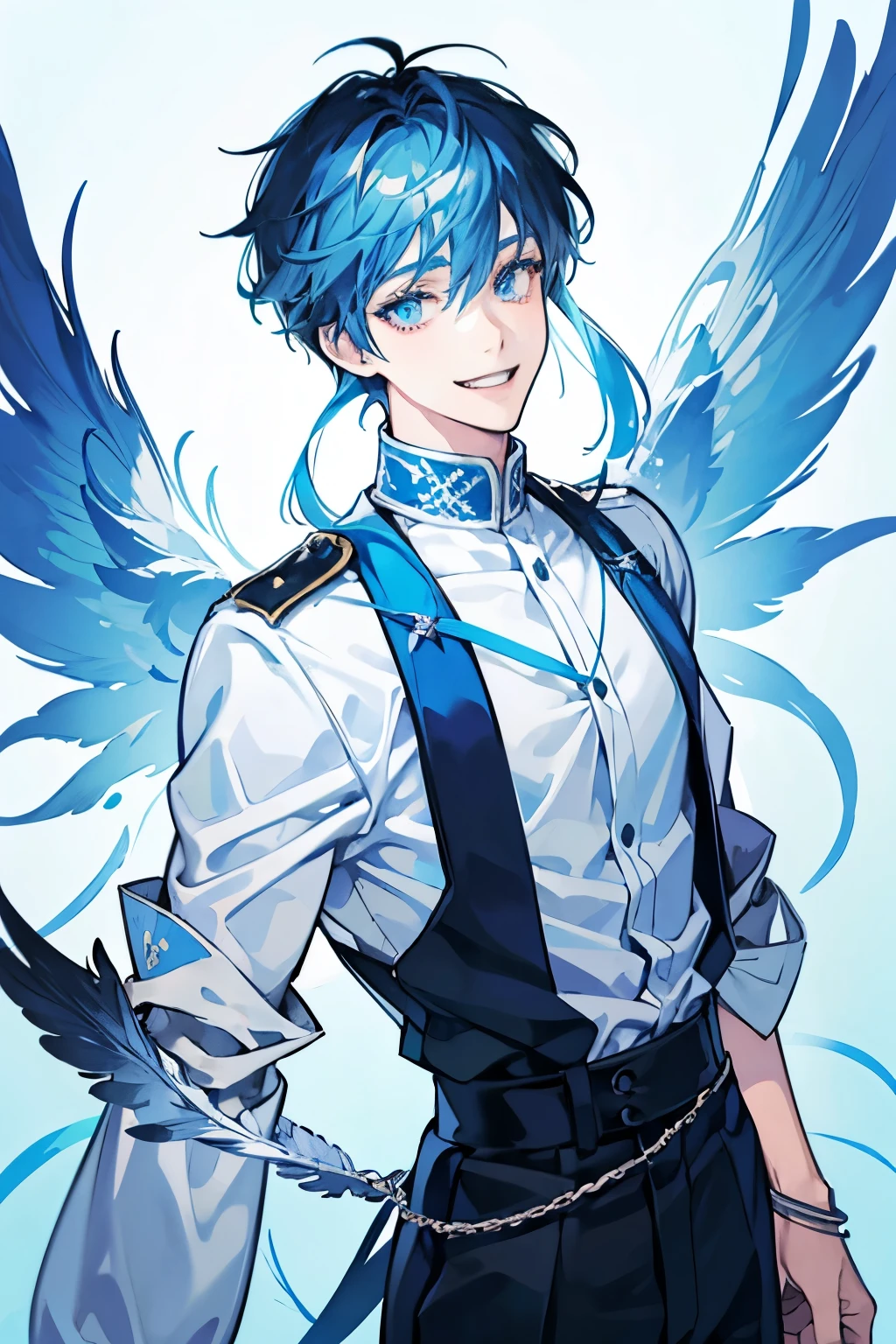 Anime drawing of a 16 year old boy with blue hair with black and white highlights, corte WolfCut, slightly bright blue eyes, smile with marked fangs, pastel light blue feather wings, Boku no hero academia AU uniform and background