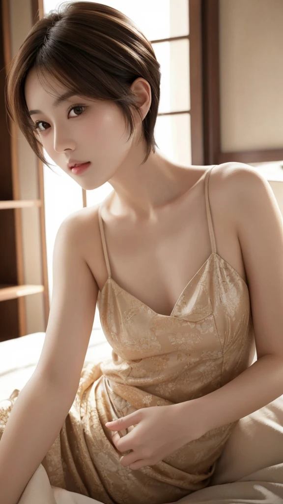 masterpiece、highest quality、High resolution、Tabletop、wallpaper、Realistic、Bright lighting、Professional Lighting、Face Light、Smooth lighting、Japanese women、Adult、Beautiful woman、action、gravure、sexy、poor、so beautiful、Beautiful Skin、Beautiful and detailed、Detailed face、slim、Moderate、short hair、Brunette colored hair、Brown eyes、Looking at the camera