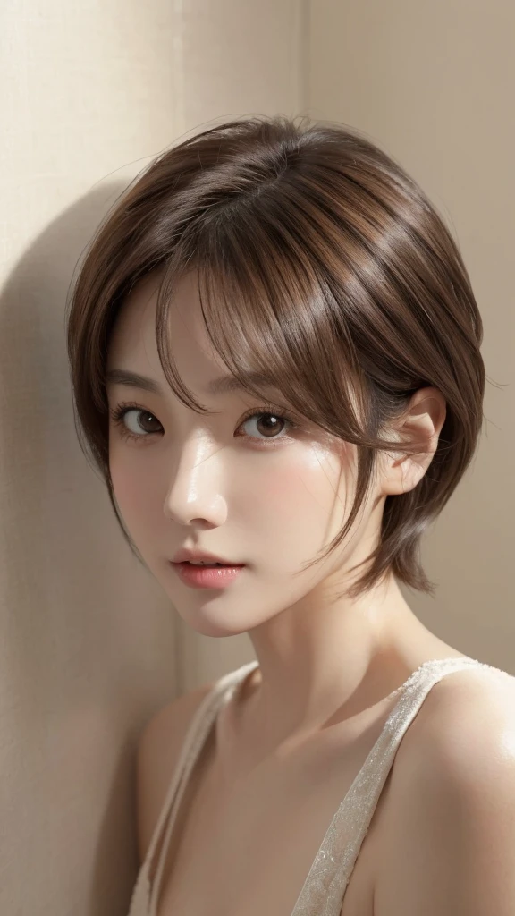 masterpiece、highest quality、High resolution、Tabletop、wallpaper、Realistic、Bright lighting、Professional Lighting、Face Light、Smooth lighting、Japanese women、Adult、Beautiful woman、action、gravure、sexy、poor、so beautiful、Beautiful Skin、Beautiful and detailed、Detailed face、slim、Moderate、short hair、Brunette colored hair、Brown eyes、Looking at the camera