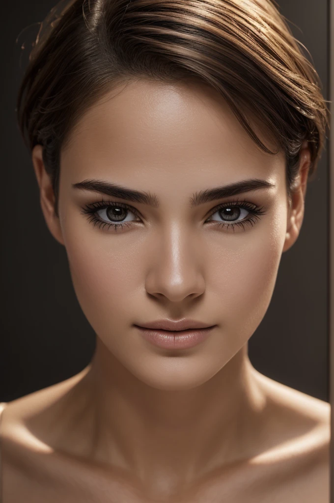 ((Best Quality)), ((ultra resolution)), ((photorealistic)), (intricate details), 19 years, by rubio, Perfect face, make up:1.5, light in the face, face detail, naked, short hair,