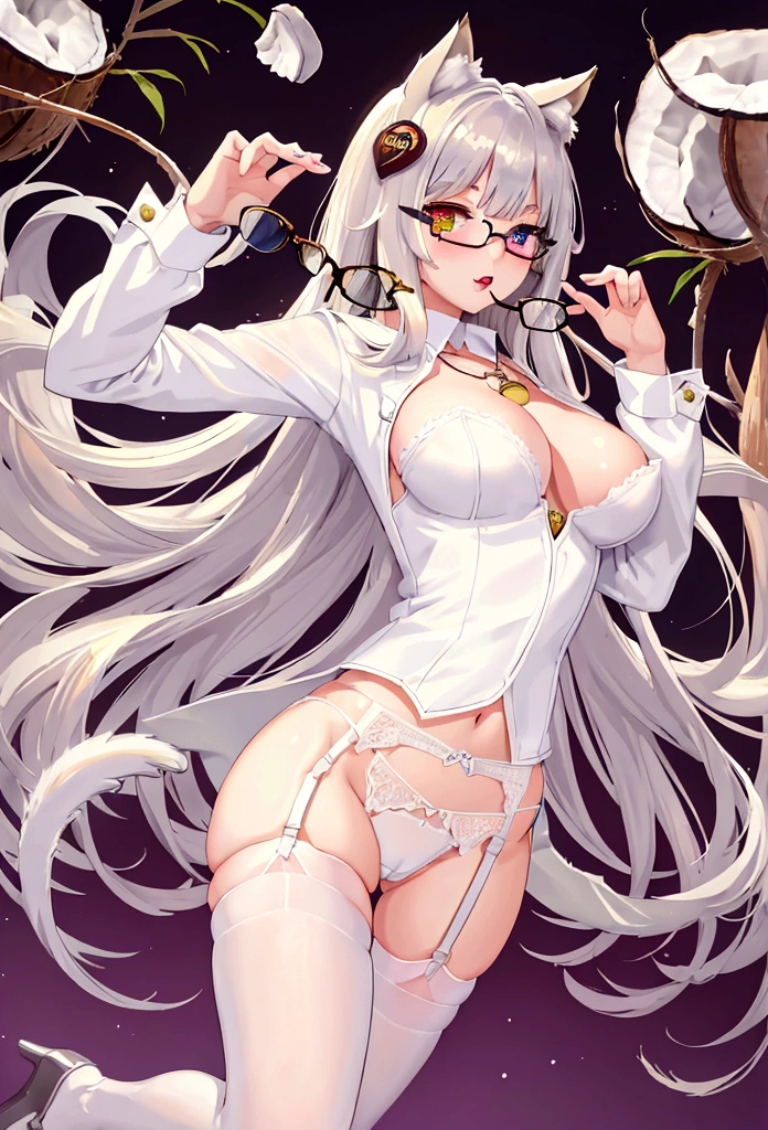 (((18 years old model))), (((catgirl, Coconut, Nekopara))), (Perfect Face), (((1Girl))), ((Seductive gaze)), (MakeUp), (Very long Hair), (((Cute Cateye Glasses, Heterochromia))), ((Silver bell pendant, white stockings, garter belt, beautiful white panties, unbuttoned and open blouse)), Thighs:1.1, (Slender Body, (Sexy Breasts), BREAK; (8K, Best Quality, Ultra Detailliert, Highres, Absurdres, Perfect Anatomy, Masterpiece), Strong Outline, Five Fingers, (Blush), ((Posed Photo:1.3)), ((Wide-Angle Photo:1.3)), ((sexy pose))