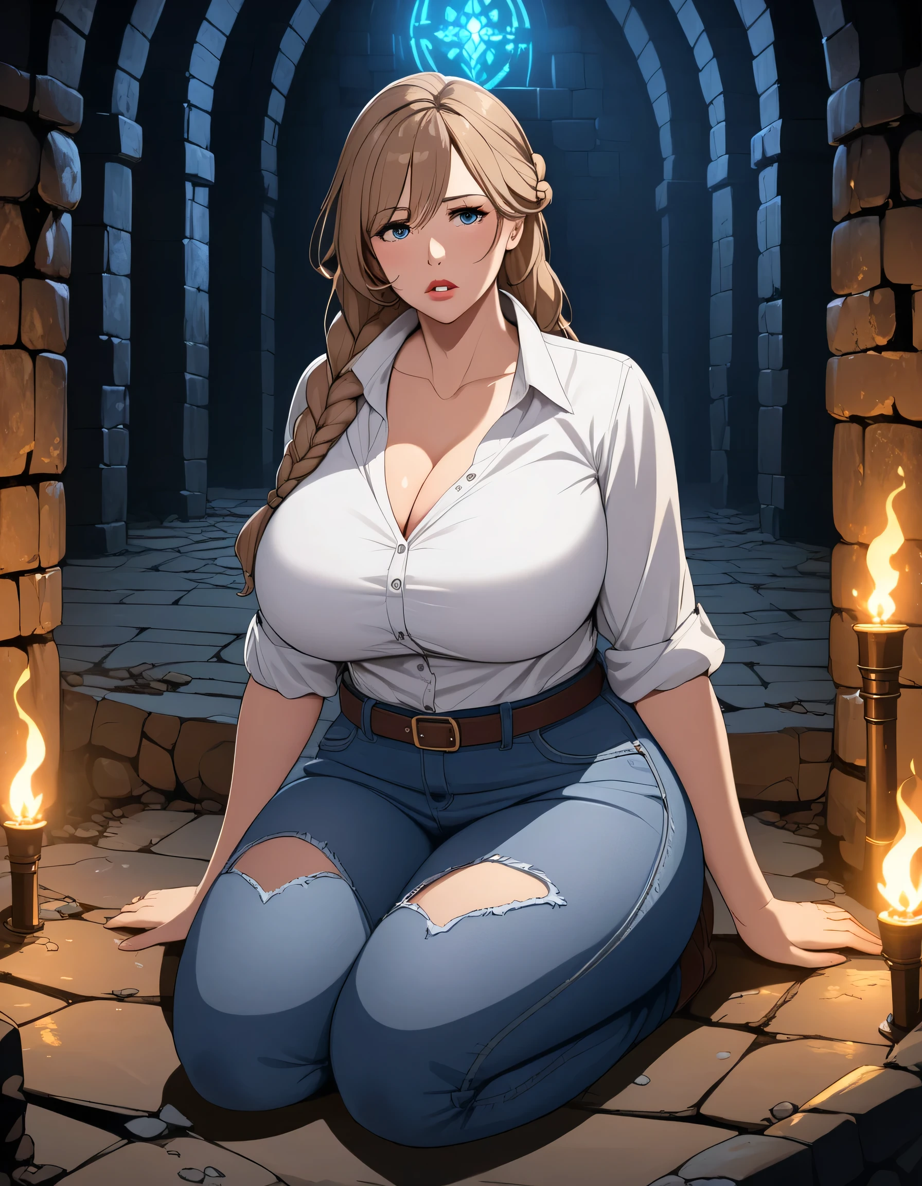 Masterpiece, hi res, absurdres, Best Quality, 4K, detailed, HD, solo, mature female, Mature face, late 30s, long braided hair, ligth Brown hair, huge breasts, saggy breasts, prominent lips, thick,, curvy, sitting in ground, hands on floor, white blouse,jeans, worried look, confused look, dungeon, ruined dungeon, dimly lit, blue torches, glowing runes in the floor, dirty look