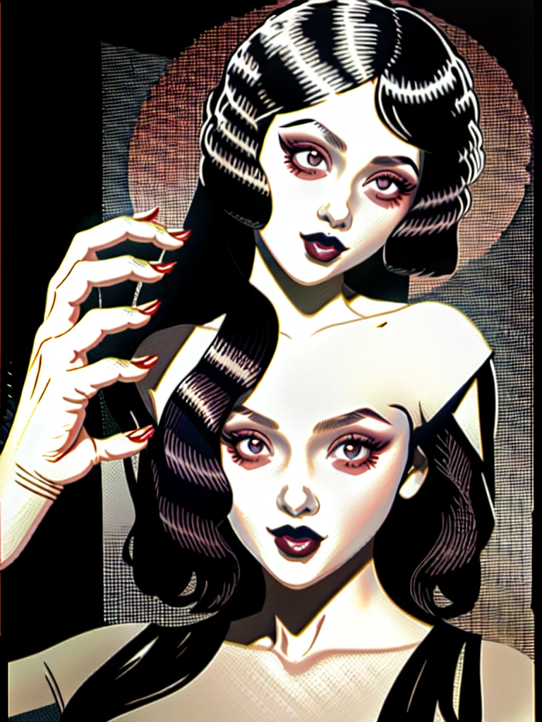 1girl, cute girl, sexy, solo, white  eyes looking at viewer, monochrome, greyscale, bunt bangs, bright red hair, parted lips, horns, black background, full veiw, wide angled, cyberpunk, tragic, gothic horror surellizm (red color pops hair & Lipstick) beautiful lighting strangely sexy(Brom style character concepts ober realism,) Goth pop 
Gun placed to her Head in confidant expresion