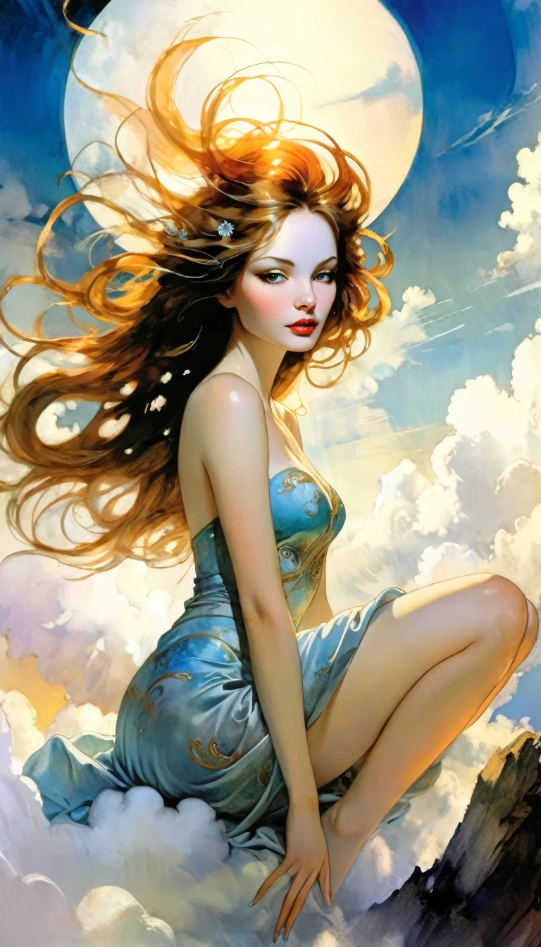 surrealistic goddess woman sitting on cloud, beautiful landscape, sketch, pen drawing, white background, highly detailed, photorealistic, dramatic lighting, vibrant colors, masterpiece, (best quality,4k,8k,highres,masterpiece:1.2),ultra-detailed,(realistic,photorealistic,photo-realistic:1.37),intricate details,cinematic composition,dramatic pose,elegant features,porcelain skin,piercing eyes,full lips,flowing hair,dreamy atmosphere,divine presence,ethereal beauty,floating in clouds,stunning scenery,natural elements,inspired by Bill Sienkiewicz
