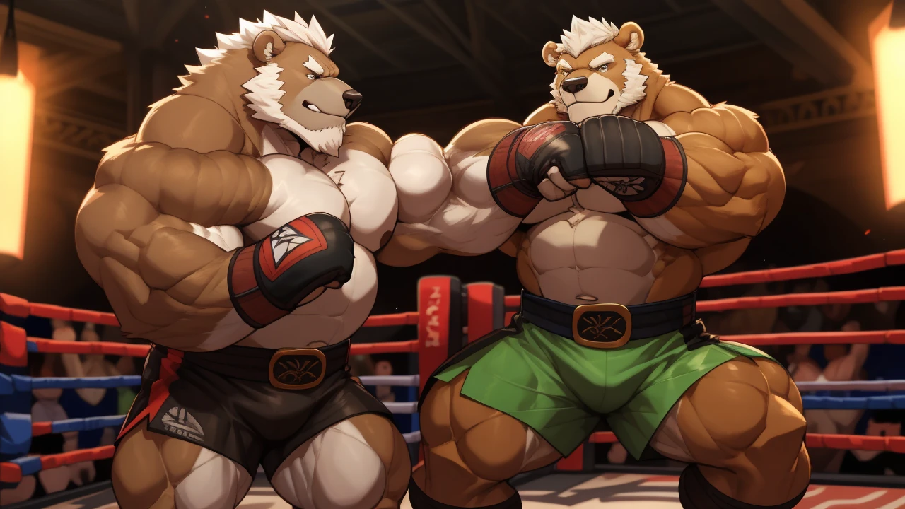 solo, 1boy, Huge Muscular Old Grizzly Bear wearing kickboxing MMA belt , thick pectoral, thick arms, huge pectoral, wide pectoral, hige brown fur, short white hair, Kickboxing MMA shorts, kickboxing MMA gloves, Kickboxing MMA Footwear 5 toes and shirtless, bearded, Kickboxing Martial Arts Cage Tournament background, masterpiece, semirealistic:1.2, high detailed, 8k, high resolution, flexes his bicep