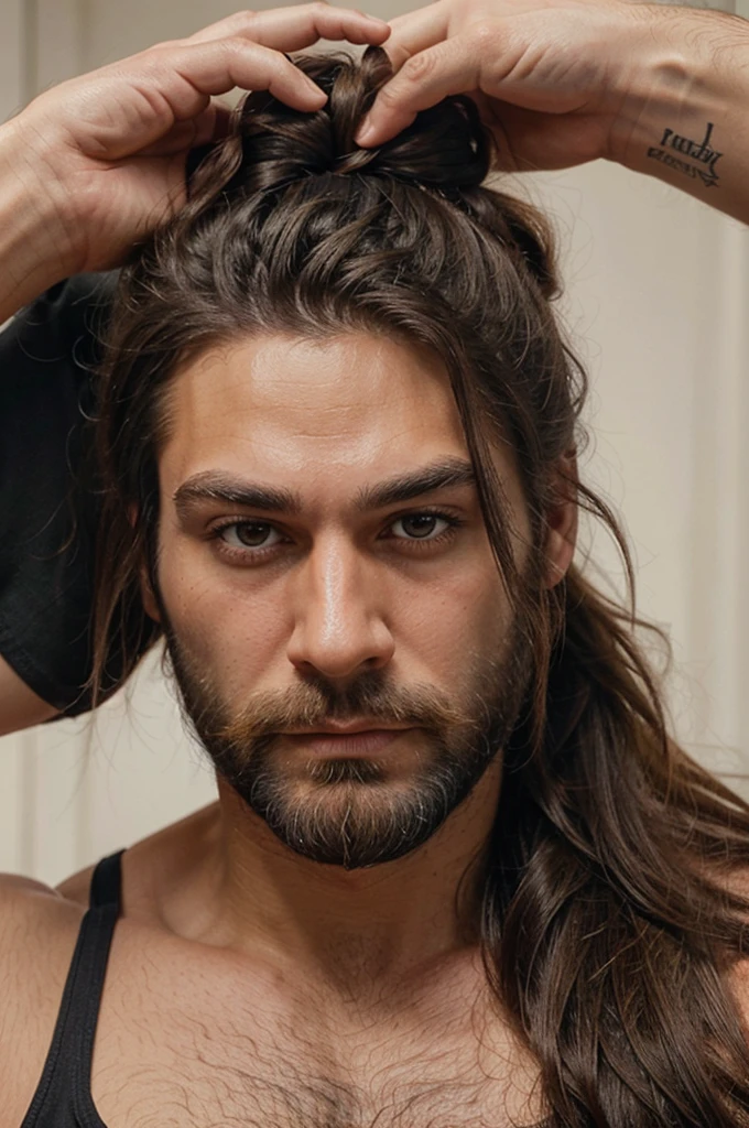 Close-up of the face of a very masculine and muscular man with thick, long dark beard, dark eyes, long hair pulled back into a high ponytail, side faded. extremely realistic. with t shirt and muscles, 4\4