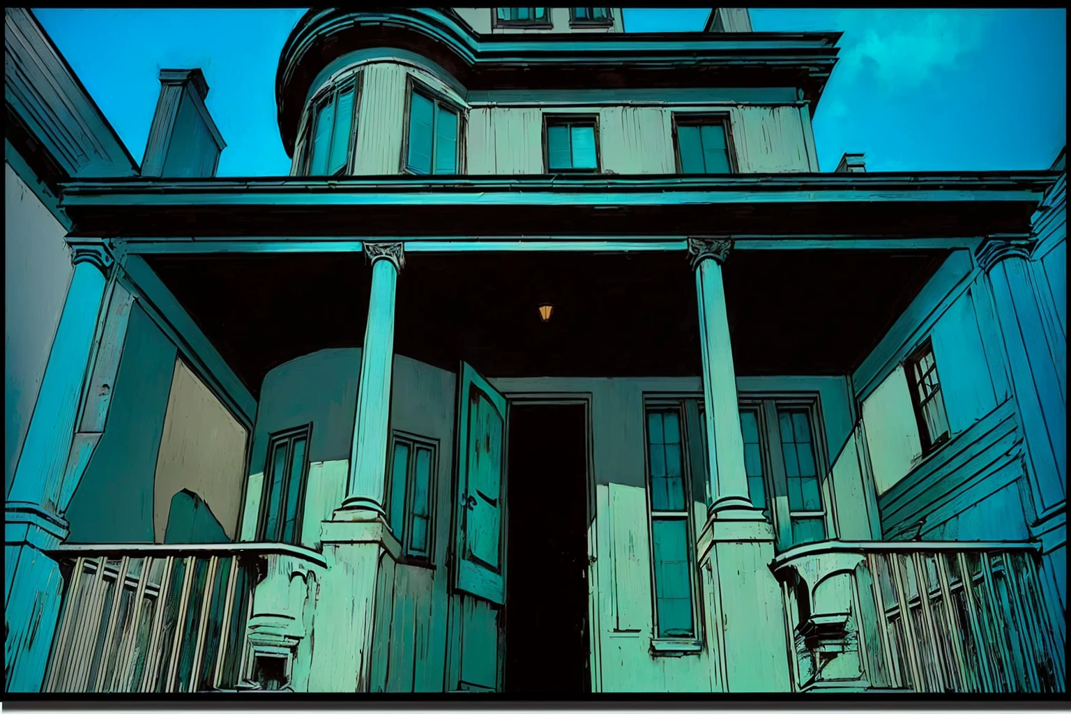 there is a photo of a building with a clock on top, mysterious exterior, intriguing details, aquamarine windows, random background scene, color spread, one panel, one panel de quadrinhos, inspirado em Harvey Dunn, missing panels, house background, location of an old, dark house, incredibily detailed, Cyan blinds on the windows, incredible details