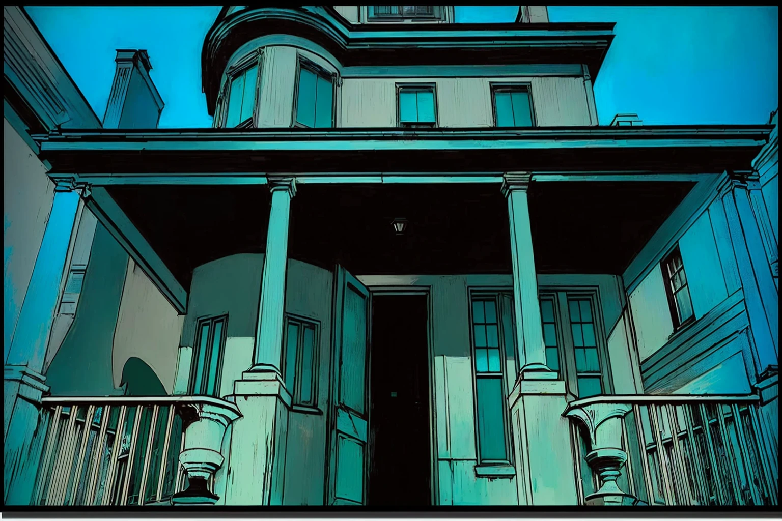 there is a photo of a building with a clock on top, mysterious exterior, intriguing details, aquamarine windows, random background scene, color spread, one panel, one panel de quadrinhos, inspirado em Harvey Dunn, missing panels, house background, location of an old, dark house, incredibily detailed, Cyan blinds on the windows, incredible details