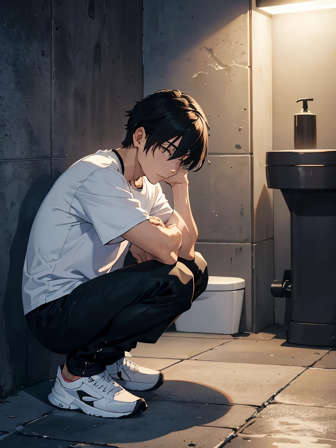 A 20-year-old man squatting、White T-shirt and black pants、A dark and suspicious toilet at night、