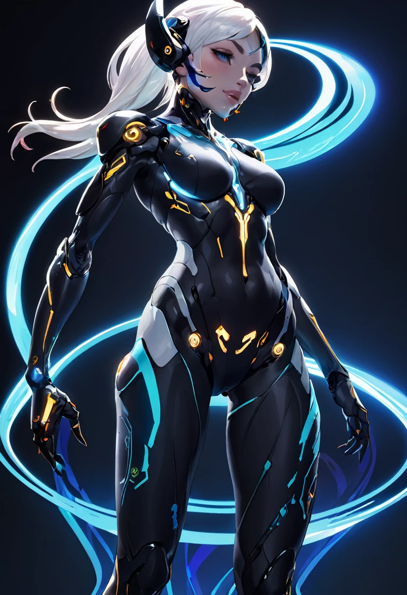 a close-up of a person in a full body suit with a gun, thickness glatte Warframe-Oberschenkel, Neon edges on the underside of the body, extremely detailed skin, thickness, smooth Warframe legs, thickness Warframe-Beine, biomechanical oppai, wlop shiny skin, cyberpunk oppai, cyborg tech on body and legs, translucent neon skin, gynoid cyborg body, long white hair, galactik football redhead, stands in front of a hologram, flying ball over hands