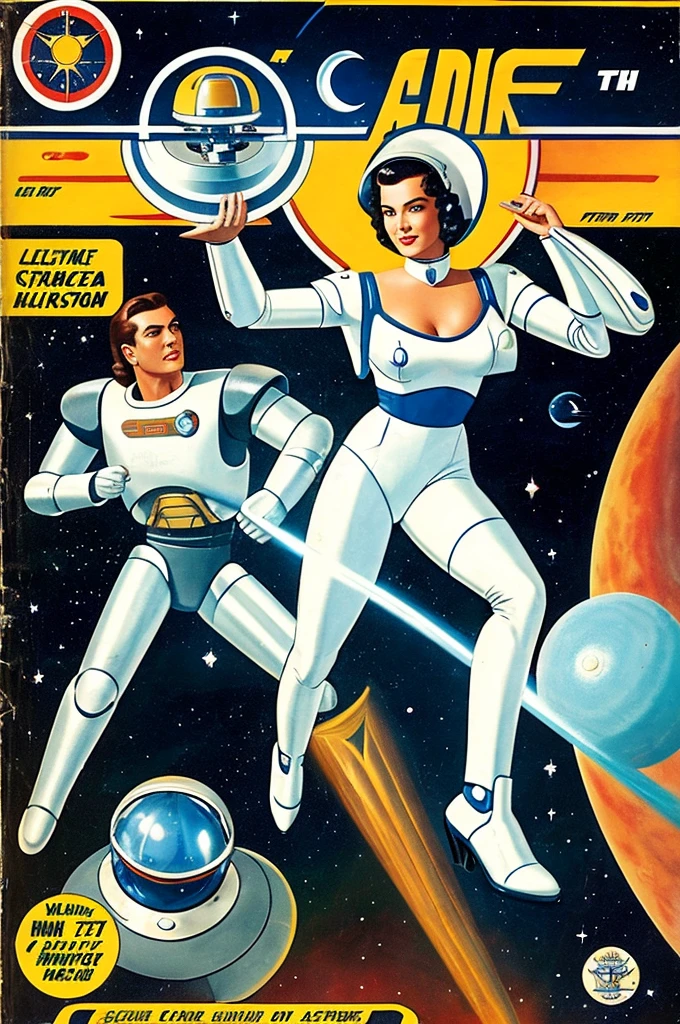 cover of an old science fiction pulp book Space Action and Adventure Space science fiction from the 1940s with Alsion tyler as a astrogirl with your robot and flying saucer, imagem perfeita