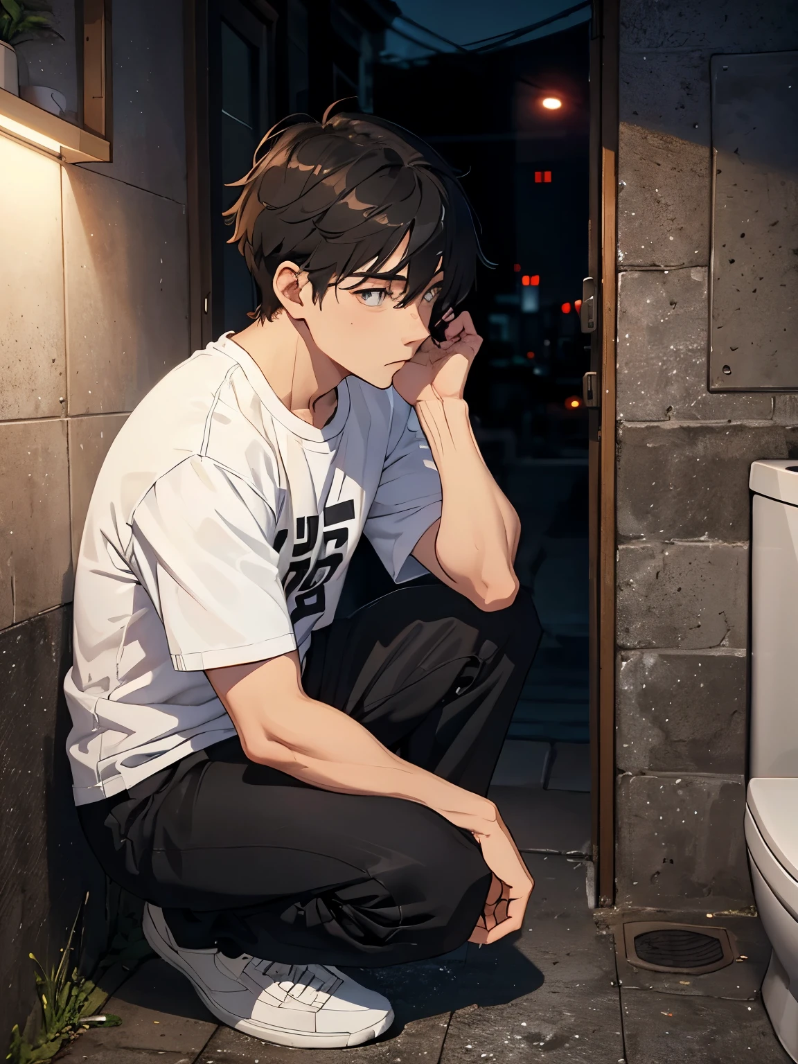 A 20-year-old man squatting、White T-shirt and black pants、A dark and suspicious toilet at night、