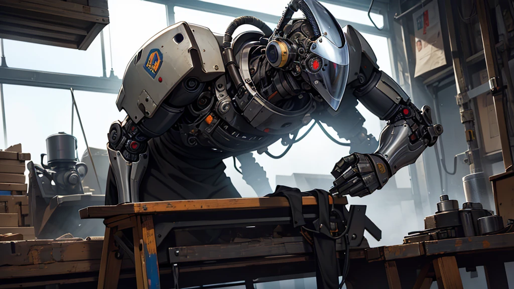 Absurd resolution, high resolution, (work of art: 1.4), hiper-detalhe, young messy black short hair glasses welder dress, very technological robotic arm bench