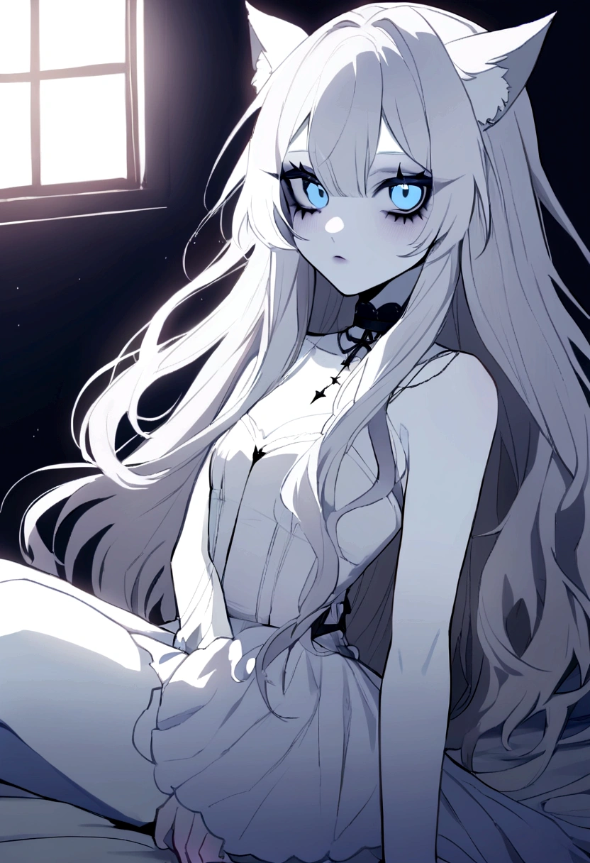 there is a woman with long white hair sitting on a bed, pale goth beauty, pale porcelain white skin, she has pale blue skin!!!, kerli koiv as anime girl, pastel goth aesthetic, intense white hair, pale milky white porcelain skin, messy wavy white hair, with white long hair, white cat girl, her hair is white, pale young ghost girl