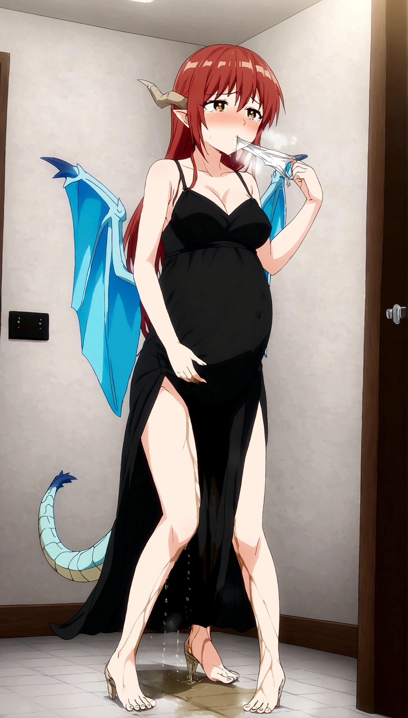 Anime. 1 Girl. Cutie. The girl is a dragon. Red hair. Long hair. Amber eyes. Beautiful eyes. Perfect eyes. Expressive eyes. Ideal face. Ideal anatomical body. Dragon horns. Scaly hands. Clawed hands. Long legs. Scaly legs. Clawed feet. Dragon wings. Dragon tail. tail. Dressed in an evening dress. High heel shoes. Beautiful body. Beautiful nose. 18 years. Medium breasts. Pregnant. Period. Holding dirty panties in his hands. The crotch is covered in blood. Her water broke. Embarrassment. Blush. Beautiful character design. Shiny skin. She wants to sneeze. She needs to sneeze. She has a strong, desperate urge to sneeze. Fire breath. She sneezes. She sneezes with fiery breath. Runny nose. Mucus from the nose. Snot. Slpli is running from the nose. Blows his nose. He wipes his nose with his dirty underpants. She wants to pee. She needs to pee. She has a strong, desperate urge to pee. She described. Tears on eyes. Cry. Snot flows from the nose. City. Street. Restaurant. Heading to the toilet. Standing at the door to the toilet. Waiting for it to cool down. Whole body. nsfw. Official art. Extremely detailed CG Unity 8k wallpaper. Ideal lighting. Ultra high resolution 4K. Super detailed 8K. A high resolution.