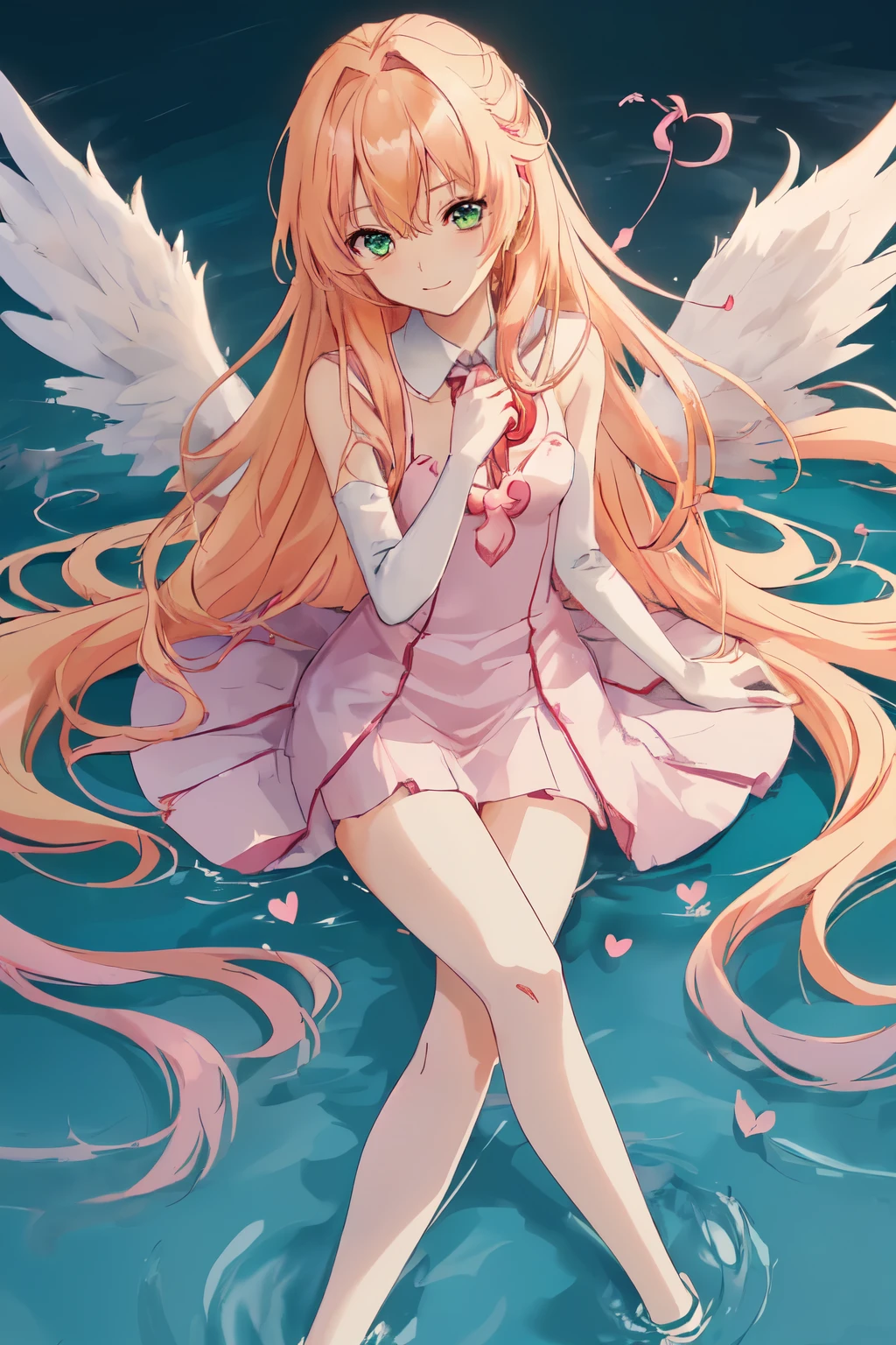 1_girl, (anime, kawai:2), (masterpeice, best_quality, clean:1.5), (sky_background:1.2), (cute, cute_smile, wholesome, young:1.8), (delicate, extremely_delicate, beautiful, thin:1.5), (girlfriend, angel:1.8), (green_eyes, simple_eyes:1.8) (long_hair, blond_hair, wearing_pink_dress, pink_angel_wings:1.5), extremely_delicate, (love_magic:1.5), (age_size_fits_body), (small_thighs:1.3), (breasts), (eye_level:1.3), (heart_magic, love:1.5), (folded_legs:1.5), (combat:1.2)
