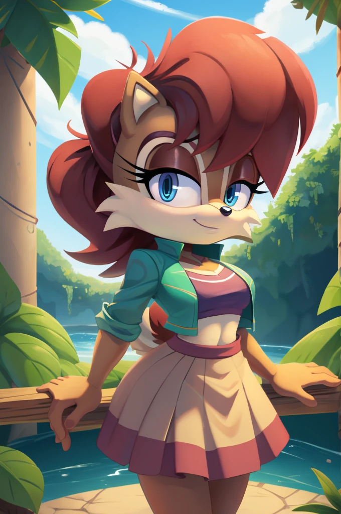 sonic (series), 1girl, anthro chipmunk girl, female mobian, mobian, blunt bangs, short auburn hair, blue eyes, (brown fur:1.3), aztec clothes, aztec skirt, jungle biome, aztec piramid, outline, Intricate Details, Masterpiece, Best Quality, High Quality, Studio Quality, Best Detail, Perfect Detail, Refine Detail, Sally Acorn 