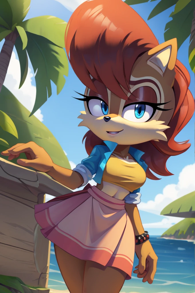 sonic (series), 1girl, anthro chipmunk girl, female mobian, mobian, blunt bangs, short auburn hair, blue eyes, (brown fur:1.3), aztec clothes, aztec skirt, jungle biome, aztec piramid, outline, Intricate Details, Masterpiece, Best Quality, High Quality, Studio Quality, Best Detail, Perfect Detail, Refine Detail, Sally Acorn 