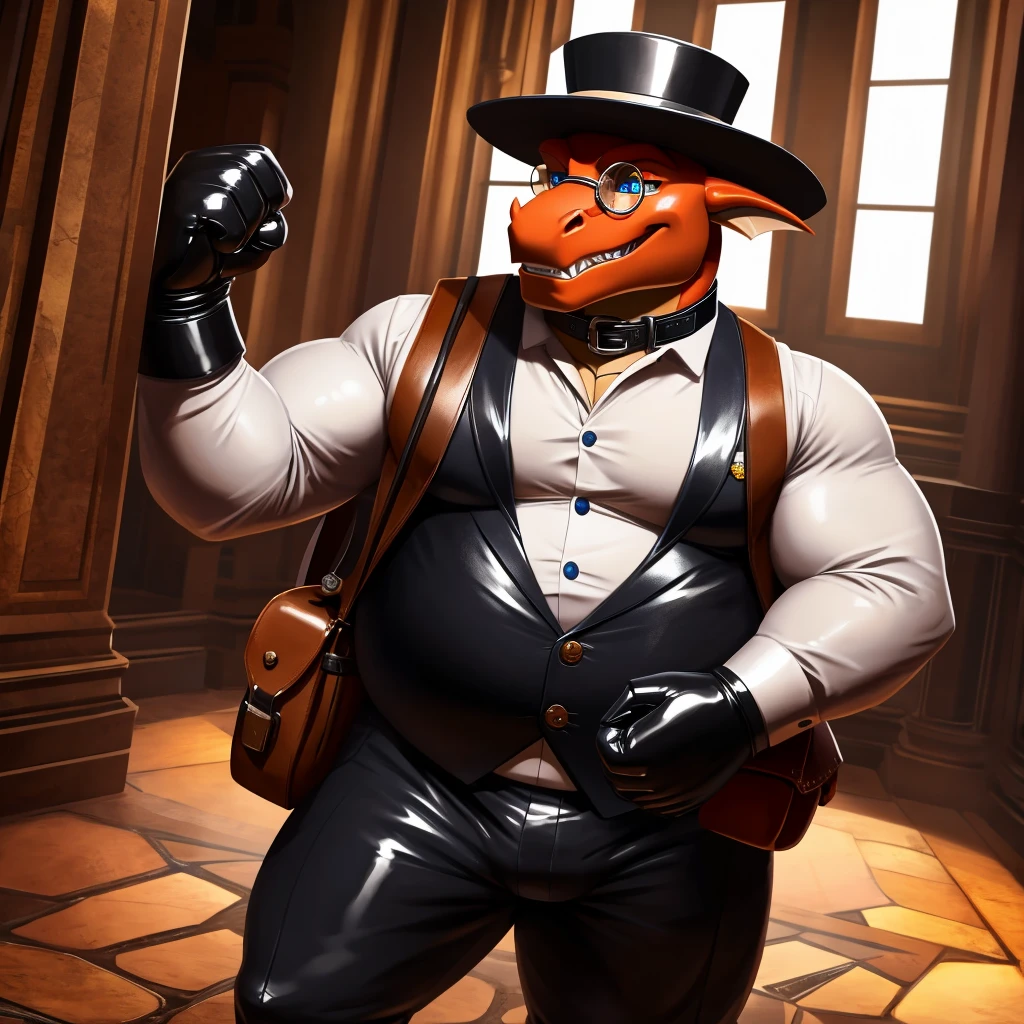 Solo, Male, fat, extremely obese, gentleman, dapper Professor Dragon, blue eyes, (posing:1.3), (soft shading), 4k, hi res, ((detailed face, detailed)), evil grin, steampunk, collared shirt with buttons, top hat, male focus, Explorer Outfit, glasses, monocle, bag, vest with buttons, backpack, sleeves rolled up, round eyewear, brown headwear, brown vest, Dragon is wearing a glossy leather dog collar around the neck, Dragon is wearing the leather collar and shirt and vest at the same time, Dragon is wearing glossy white rubber gloves on the hands, wearing white rubber gloves on the feet, Dragon is wearing glossy white cuffs around the wrists with cufflinks, gloves are rubber in texture, clenching teeth, clenching fists, leather collar is glossy and shiny with a lot of detail, Dragon is wearing gloves and cuffs and cufflinks at the same time, leather collar has a round dog-tag, leather collar is thick and detailed, Dragon is looking up and adjusting his leather collar with his hands.