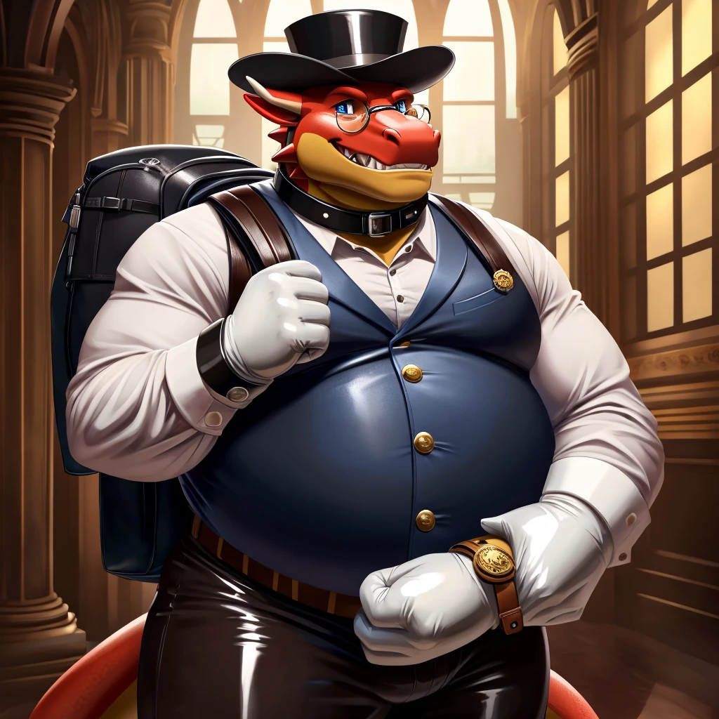 Solo, Male, fat, extremely obese, gentleman, dapper Professor Dragon, blue eyes, (posing:1.3), (soft shading), 4k, hi res, ((detailed face, detailed)), evil grin, steampunk, collared shirt with buttons, top hat, male focus, Explorer Outfit, glasses, monocle, bag, vest with buttons, backpack, sleeves rolled up, round eyewear, brown headwear, brown vest, Dragon is wearing a glossy leather dog collar around the neck, Dragon is wearing the leather collar and shirt and vest at the same time, Dragon is wearing glossy white rubber gloves on the hands, wearing white rubber gloves on the feet, Dragon is wearing glossy white cuffs around the wrists with cufflinks, gloves are rubber in texture, clenching teeth, clenching fists, leather collar is glossy and shiny with a lot of detail, Dragon is wearing gloves and cuffs and cufflinks at the same time, leather collar has a round dog-tag, leather collar is thick and detailed, Dragon is looking up and adjusting his leather collar with his hands.