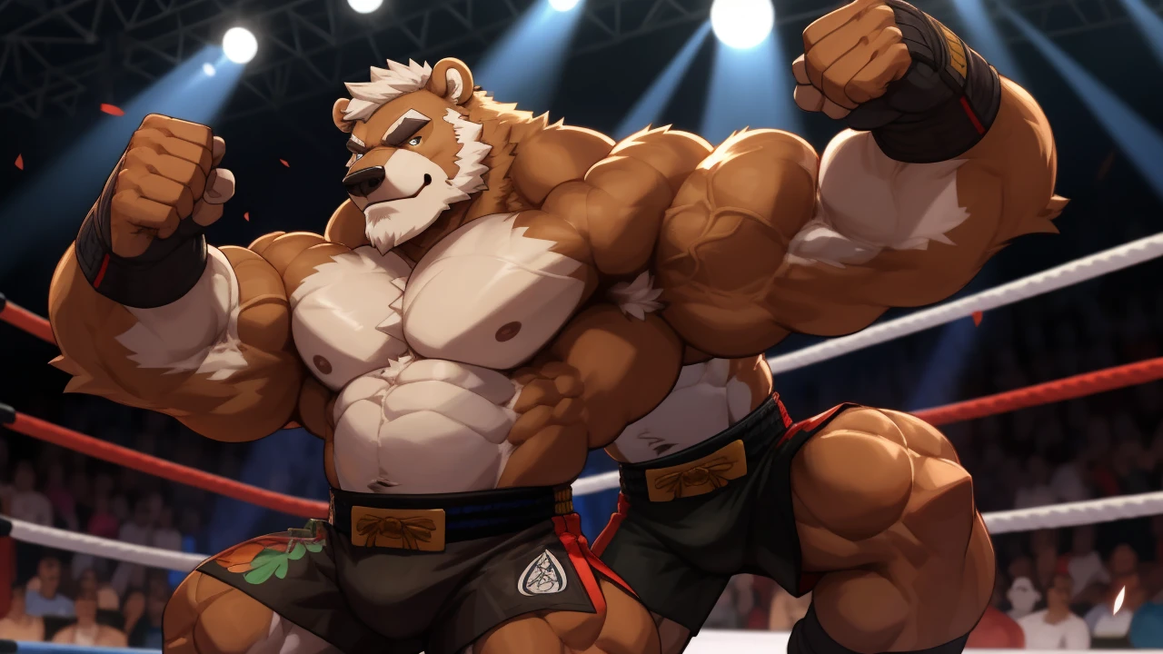 solo, 1boy, Huge Muscular Old Grizzly Bear wearing kickboxing MMA belt , thick pectoral, thick arms, huge pectoral, wide pectoral, hige brown fur, short white hair, Kickboxing MMA shorts, kickboxing MMA gloves, Kickboxing MMA Footwear 5 toes and shirtless, bearded, Kickboxing Martial Arts Cage Tournament background, masterpiece, semirealistic:1.2, high detailed, 8k, high resolution, flexes his bicep