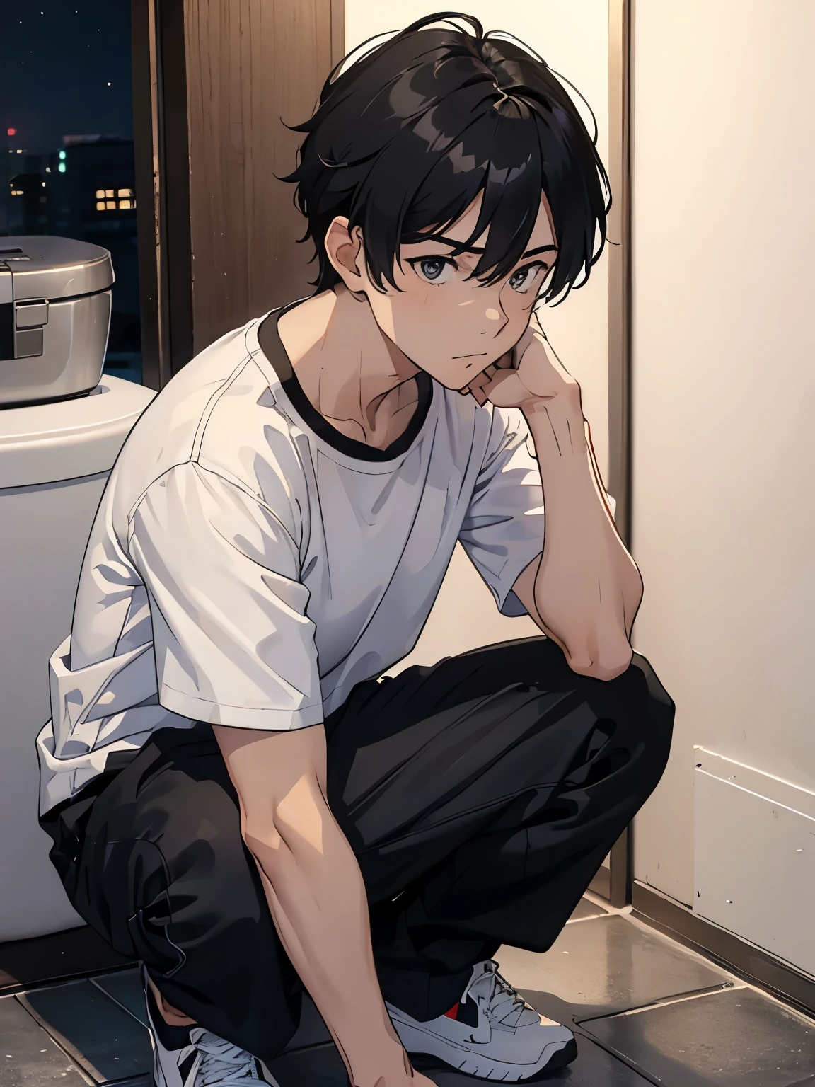 A 20-year-old man squatting、White T-shirt and black pants、A dark and suspicious toilet at night、
