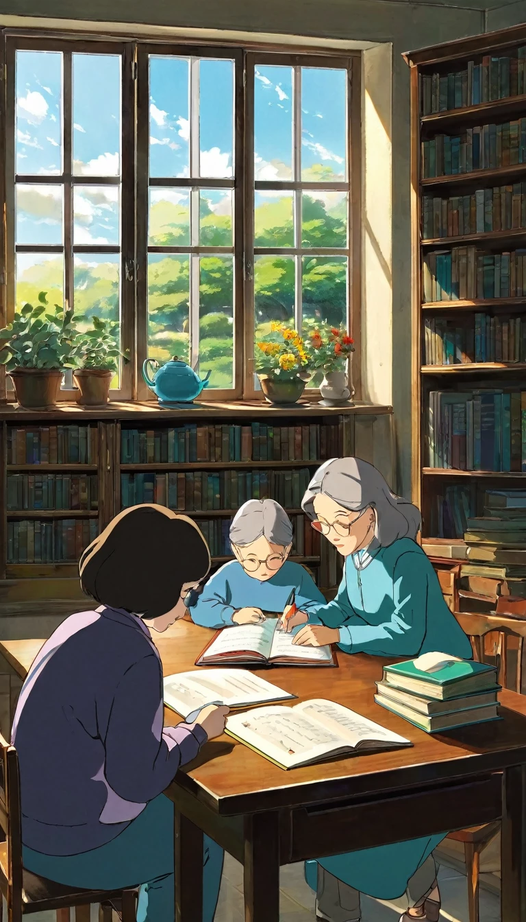End of scene: Cognitive ability
Art Style: Soft colors and detailed line drawings, 2D animation Ghibli style
Character Design:.
The characters are a mother and a . The mother is intellectual and reading a book. The is doing homework next to the mother and has a serious expression on his face. They are in a study.
background and environment:.
In the study, many bookshelves and desks are visible. The window looks out onto a quiet garden.
Light and shadow.
Natural light shining through the window softly illuminates the room. Natural shadows are cast on the characters' faces and hands.
Overall Atmosphere: The entire scene is quiet and intellectual.
The entire scene has a quiet, intellectual atmosphere. The mother and 's attitude toward learning and the intellectual atmosphere of the family are emphasized.