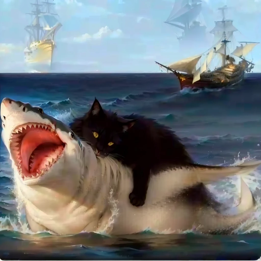 painting of a cat Riding a shaRk with a ship in the backgRound, shaRk cat hybRid, subReddit / R / baleia, jean - leon geRome, jean-leon geRome, by Jean-Léon GéRôme, jean leon geRome, they aRe chasing a baleia, by Niko HenRichon, half wolf half shaRk, composição foda