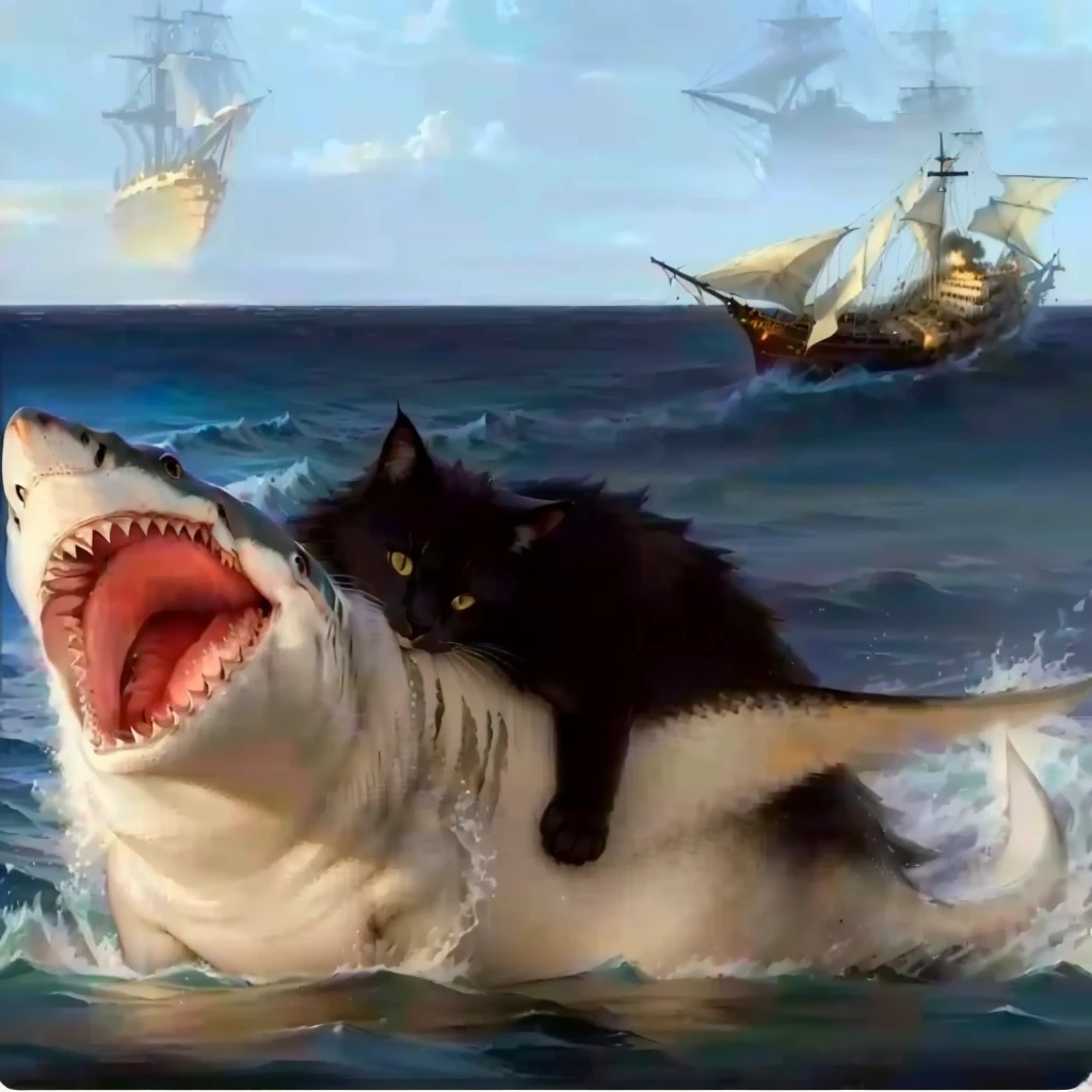 painting of a cat Riding a shaRk with a ship in the backgRound, shaRk cat hybRid, subReddit / R / baleia, jean - leon geRome, jean-leon geRome, by Jean-Léon GéRôme, jean leon geRome, they aRe chasing a baleia, by Niko HenRichon, half wolf half shaRk, composição foda