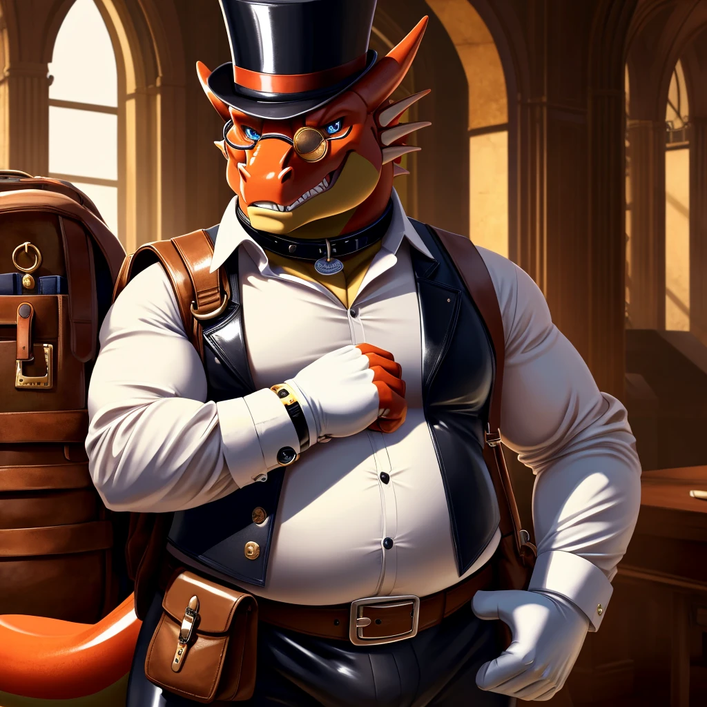 Solo, Male, fat, extremely obese, gentleman, dapper Professor Dragon, blue eyes, (posing:1.3), (soft shading), 4k, hi res, ((detailed face, detailed)), looking at viewer, evil grin, steampunk, collared shirt with buttons, top hat, male focus, Explorer Outfit, glasses, monocle, bag, vest with buttons, backpack, sleeves rolled up, round eyewear, brown headwear, brown vest, Dragon is wearing a glossy leather dog collar around the neck, Dragon is wearing the leather collar and shirt and vest at the same time, Dragon is wearing glossy white rubber gloves on the hands, wearing white rubber gloves on the feet, Dragon is wearing glossy white cuffs around the wrists with cufflinks, gloves are rubber in texture, clenching teeth, clenching fists, leather collar is glossy and shiny with a lot of detail, Dragon is wearing gloves and cuffs and cufflinks at the same time, leather collar has a round dog-tag, leather collar is thick and detailed.