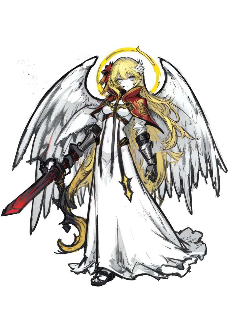1girl, pale skin, yellow hair, angel, guardian, long hair, red cape, nice clothes, (high resolution, high detail, best quality), black background, holy sword, medium breasts, halo