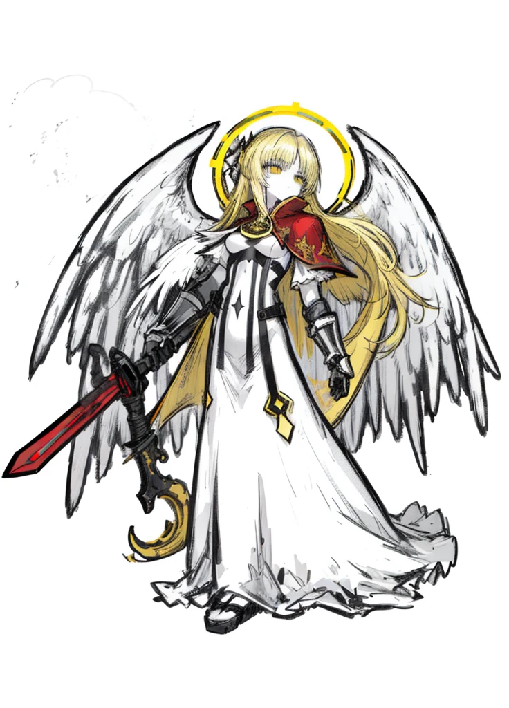 1girl, pale skin, yellow hair, angel, guardian, long hair, red cape, nice clothes, (high resolution, high detail, best quality), black background, holy sword, medium breasts, halo