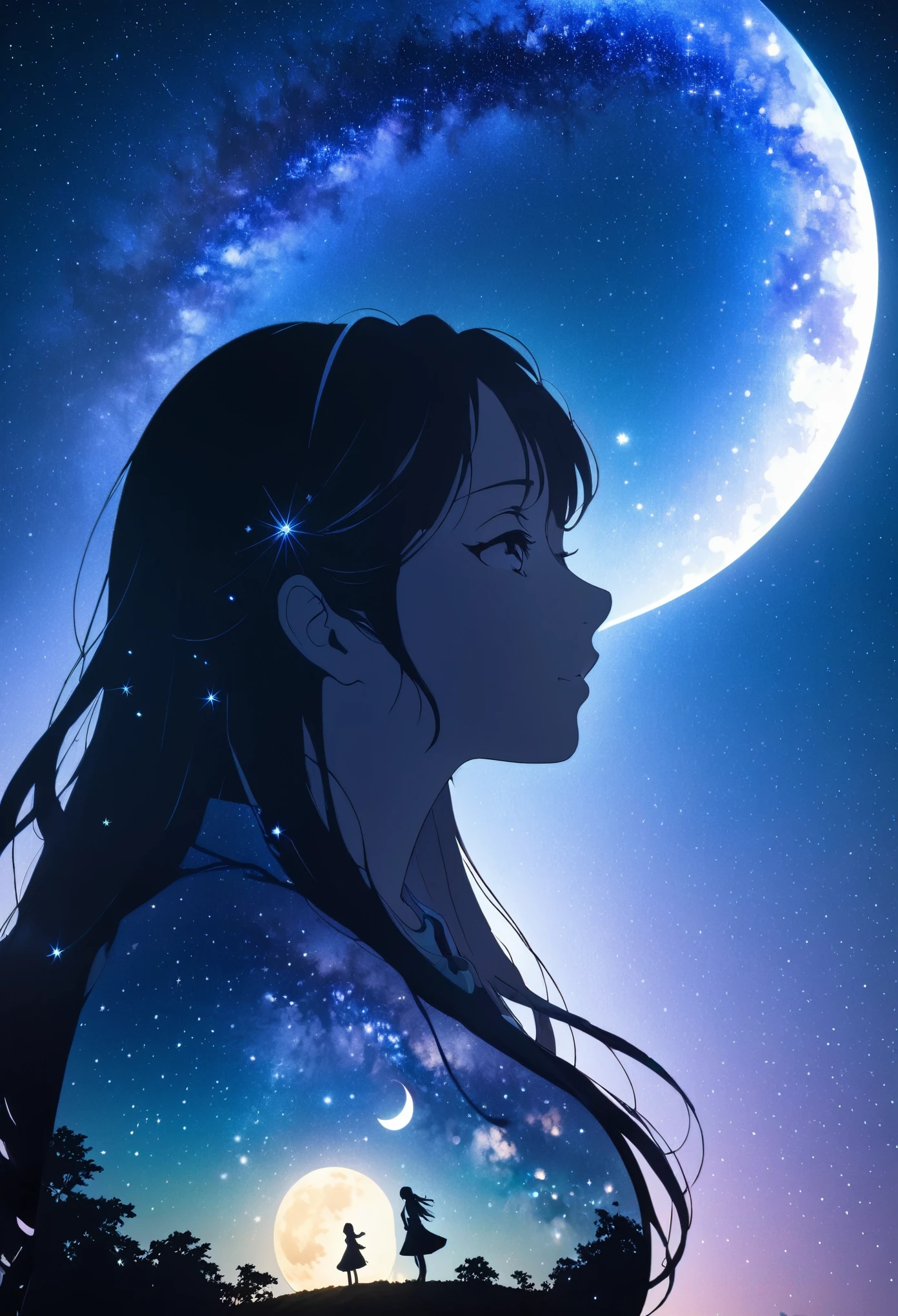  mate piece, silhouette, Milky Way, Orihime's, close-up, profile, monotony, moon, double exposure, Milky Way, Tanabata decoration, depth of field, (holographic glow effect), from below, low angle shot, masterpiece,