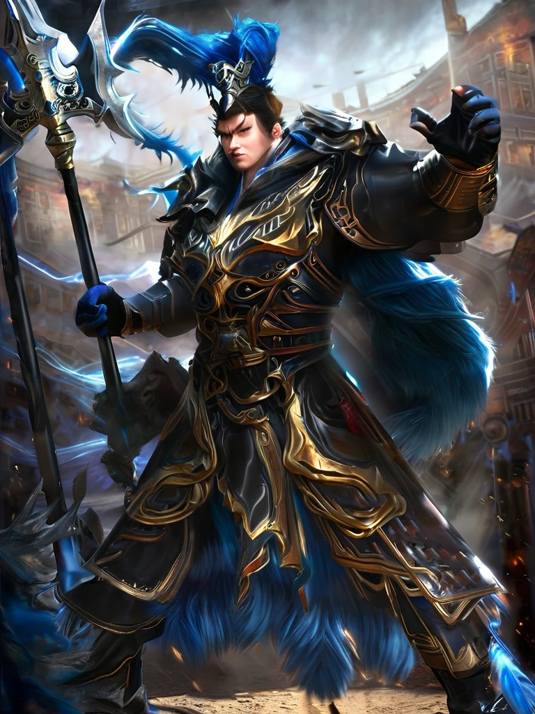 Masterpiece,best quality,Highly detailed,very detailed, Digital Artwork, Lu Buman,  holding a halberd to pierce the sky, focus man, alone, Long shot, full body,  black hair,blue eyes, wearing black armor,Wear a black fur cloak, electricity, fighting posture, Embedded, glove, outdoor, black coat, from the side 