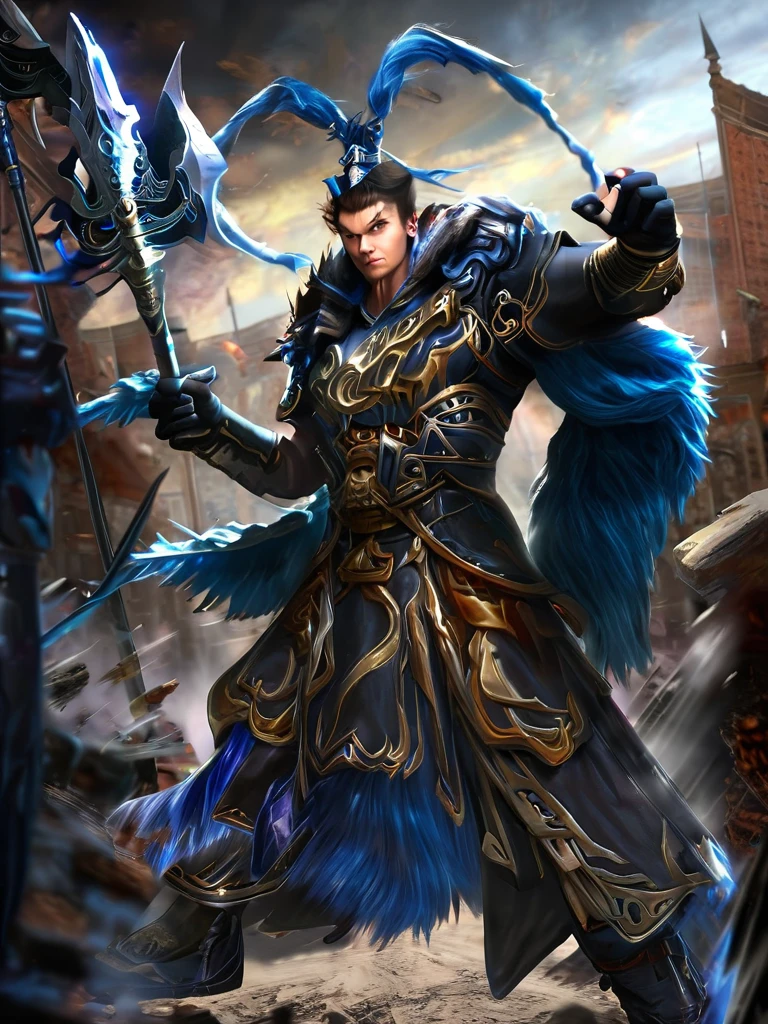 Masterpiece,best quality,Highly detailed,very detailed, Digital Artwork, Lu Buman,  holding a halberd to pierce the sky, focus man, alone, Long shot, full body,  black hair,blue eyes, wearing black armor,Wear a black fur cloak, electricity, fighting posture, Embedded, glove, outdoor, black coat, from the side 