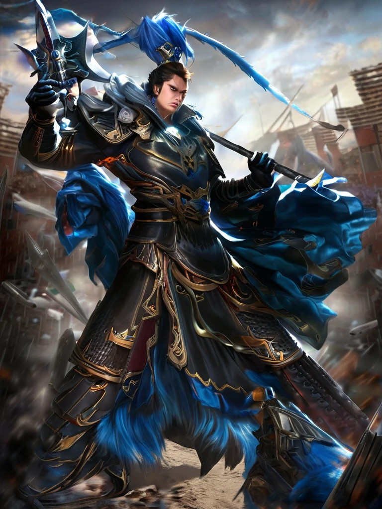 Masterpiece,best quality,Highly detailed,very detailed, Digital Artwork, Lu Buman,  holding a halberd to pierce the sky, focus man, alone, Long shot, full body,  black hair,blue eyes, wearing black armor,Wear a black fur cloak, electricity, fighting posture, Embedded, glove, outdoor, black coat, from the side 