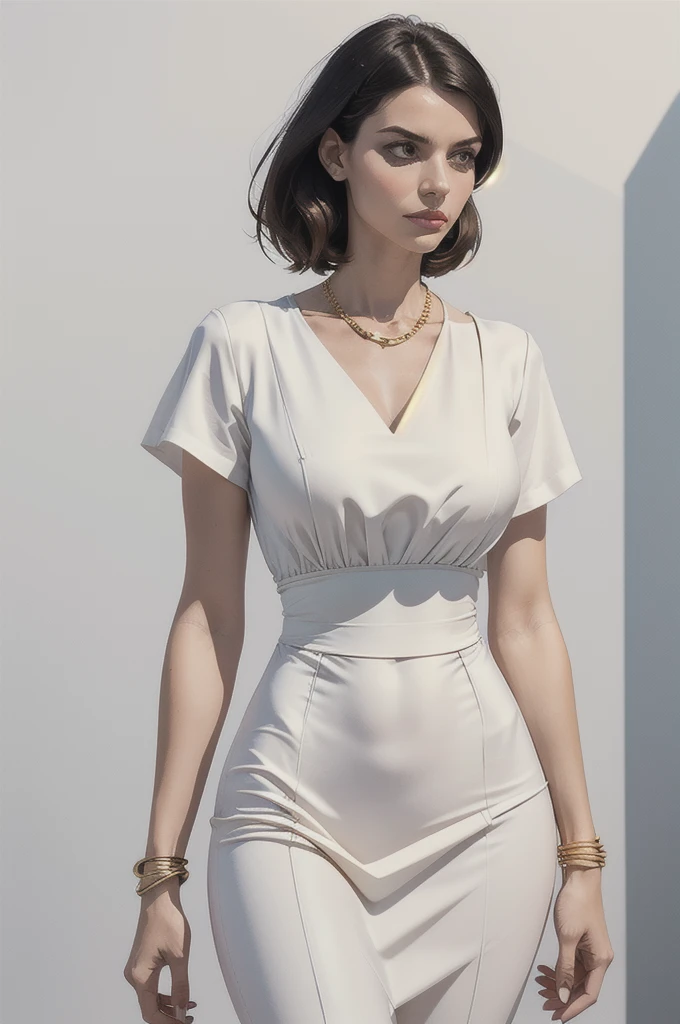 Create the image of an elegant woman, She has light hair and is dressed in a modest beige dress and wearing a gold necklace and earrings.