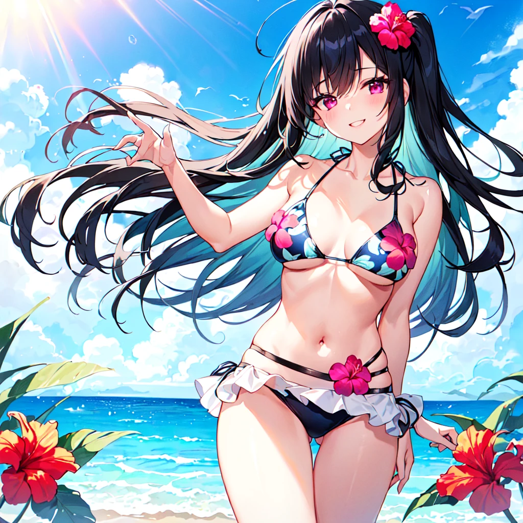 masterpiece, best quality, high quality, extremely detailed, very delicate and beautiful, (1 female 18 years old solo:1.5), (long black hair up to waist with two side up:1.5), bangs to eyebrows, eyes (eyes sharp, strong glossy glossy eyes, eyebrows glossy, (eye color magenta:1.3), 6.5 head height, (bikini swimsuit with hibiscus print:1.3), (sleeping and floating in the sea), (smiling), (dynamic pose), (background tropical sea:1.3), (blue sky:1.3)