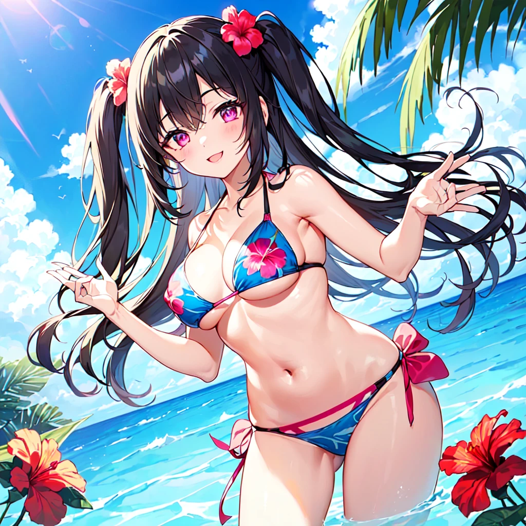 masterpiece, best quality, high quality, extremely detailed, very delicate and beautiful, (1 female 18 years old solo:1.5), (long black hair up to waist with two side up:1.5), bangs to eyebrows, eyes (eyes sharp, strong glossy glossy eyes, eyebrows glossy, (eye color magenta:1.3), 6.5 head height, (bikini swimsuit with hibiscus print:1.3), (sleeping and floating in the sea), (smiling), (dynamic pose), (background tropical sea:1.3), (blue sky:1.3)