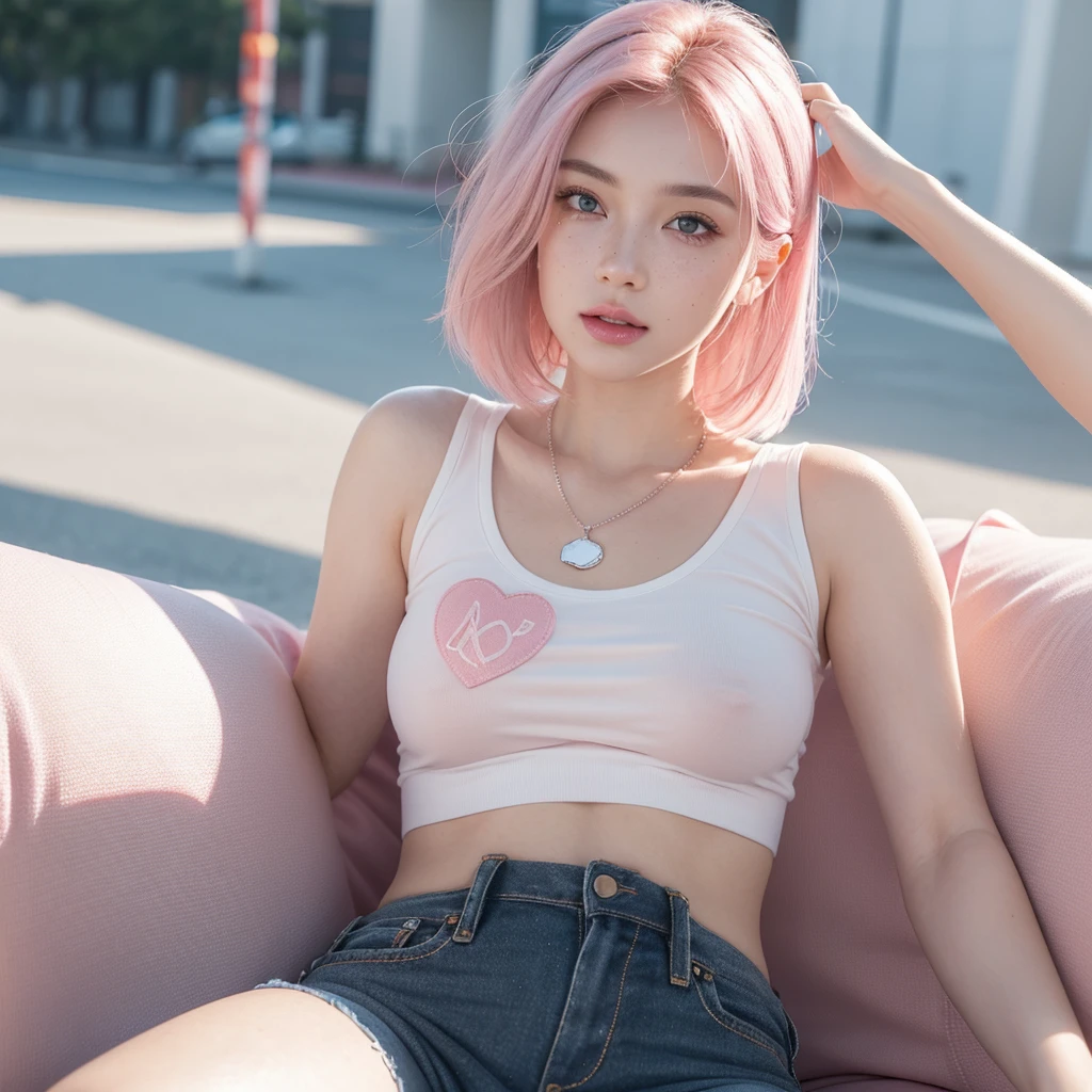 Background (empty road ) , camara angle front view, wearing (black jeans short and a blue white print t-shirt) , playing in the field, happy face , beautiful view, sunset view, sexy, lustful, cute girl short pink hair, pink pussy, ,all her hair short pink , with a star clip in her pink hair, light colored eyes, pretty eyes, happy eyes, pretty, upturned nose, watery nose, Pretty lips, pink lips, heart and cupid shaped lip, pretty skin, pale, White skin, with moles and freckles all over his face, soft pink blush on the cheeks, natural pink blush, soft pink makeup, Jennie, nice neck, frown, tender look, with a kiss necklace, while having a bare abdomen, Delgado, marked and pretty, (big breasts, soft breasts, nice breasts), photorealism, 8k , photorealistic , show clearly,