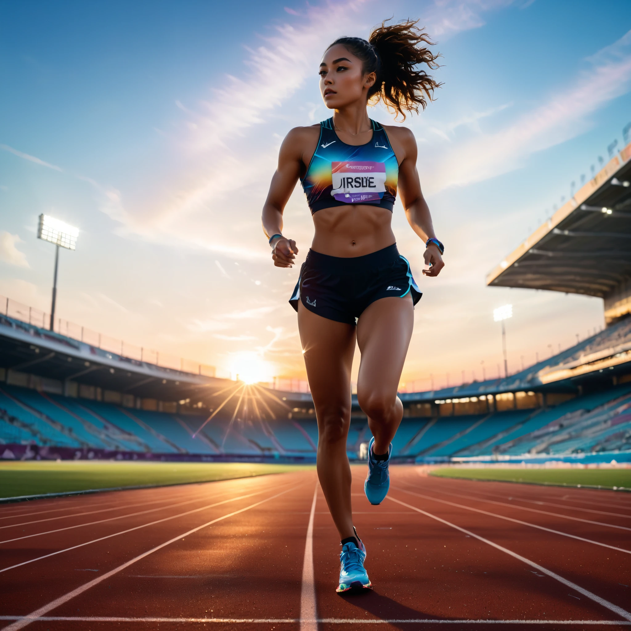 running track athlete,iridescent sportwear,shoes,perfect anatomy,innocent,stadium,sunset,cinematic lighting,(masterpiece,8k,Professional,perfect composition,very aesthetic,absurdres,ultra-detailed,intricate details:1.2),perfect proportion