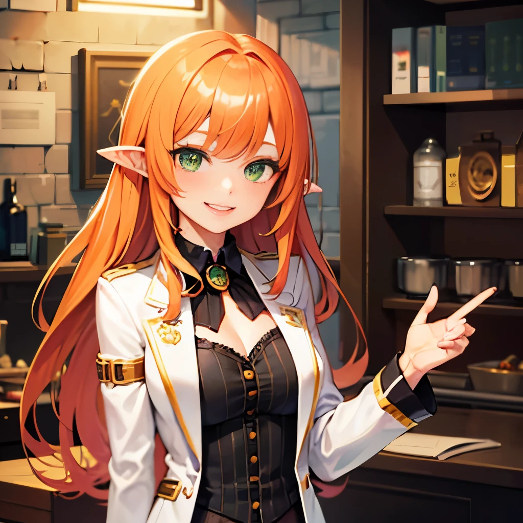 Young alchemist girl with a big smile. His hair is orange with green eyes and pointed ears.. Her clothes are inspired by steampunk fashion. 