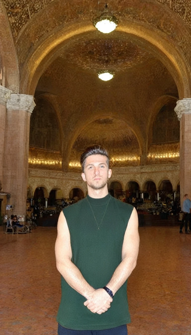 [0.2::(front:0.6)] (medium shot:1.1) photo of a man, Michele_Morrone a 35 y.o Caucasian Italian rough man, on a Selimiye Mosque and its Social Complex, wearing a dark (green:1.1) (tank:1.1) (high crewneck:1.2), low-cut dropped side holes, stringer (shirt:1.2), , natural lighting, 4k, high quality, Fujifilm XT3 in the background of the center of Warsaw, the palace of culture, dressed in an elegant black shirt unbuttoned