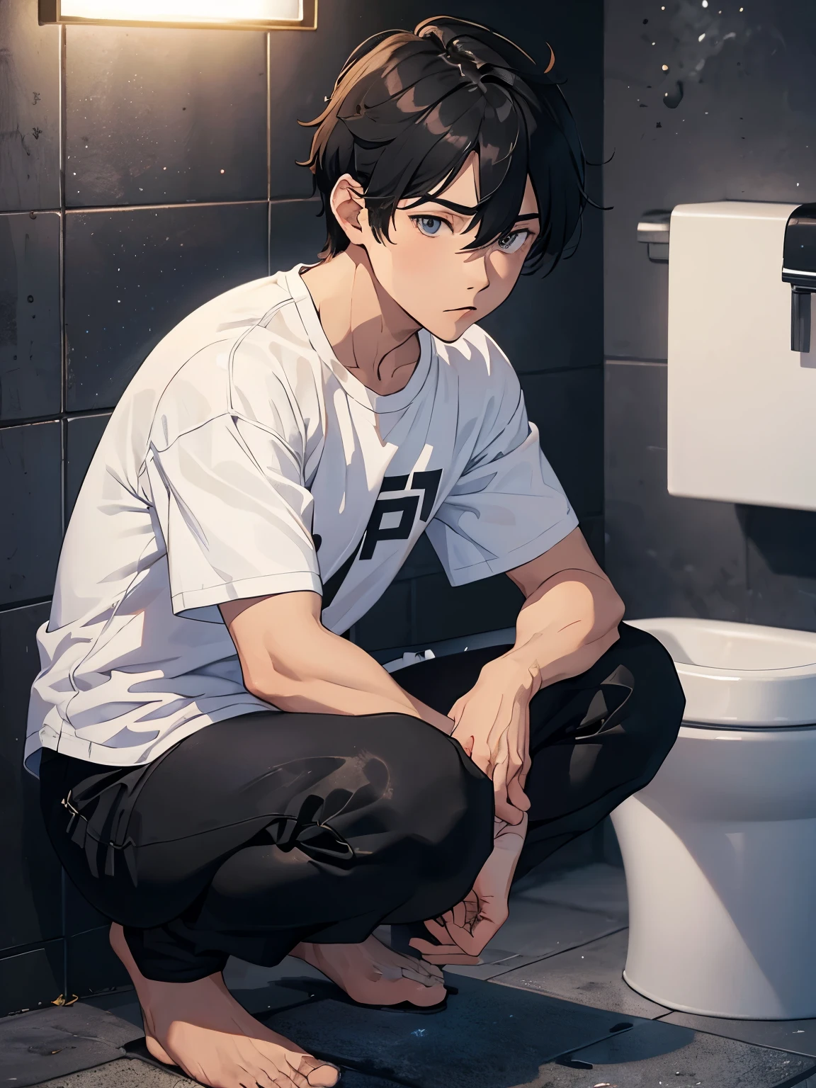 A 20-year-old man squatting and licking his penis、White T-shirt and black pants、A dark and suspicious toilet at night、