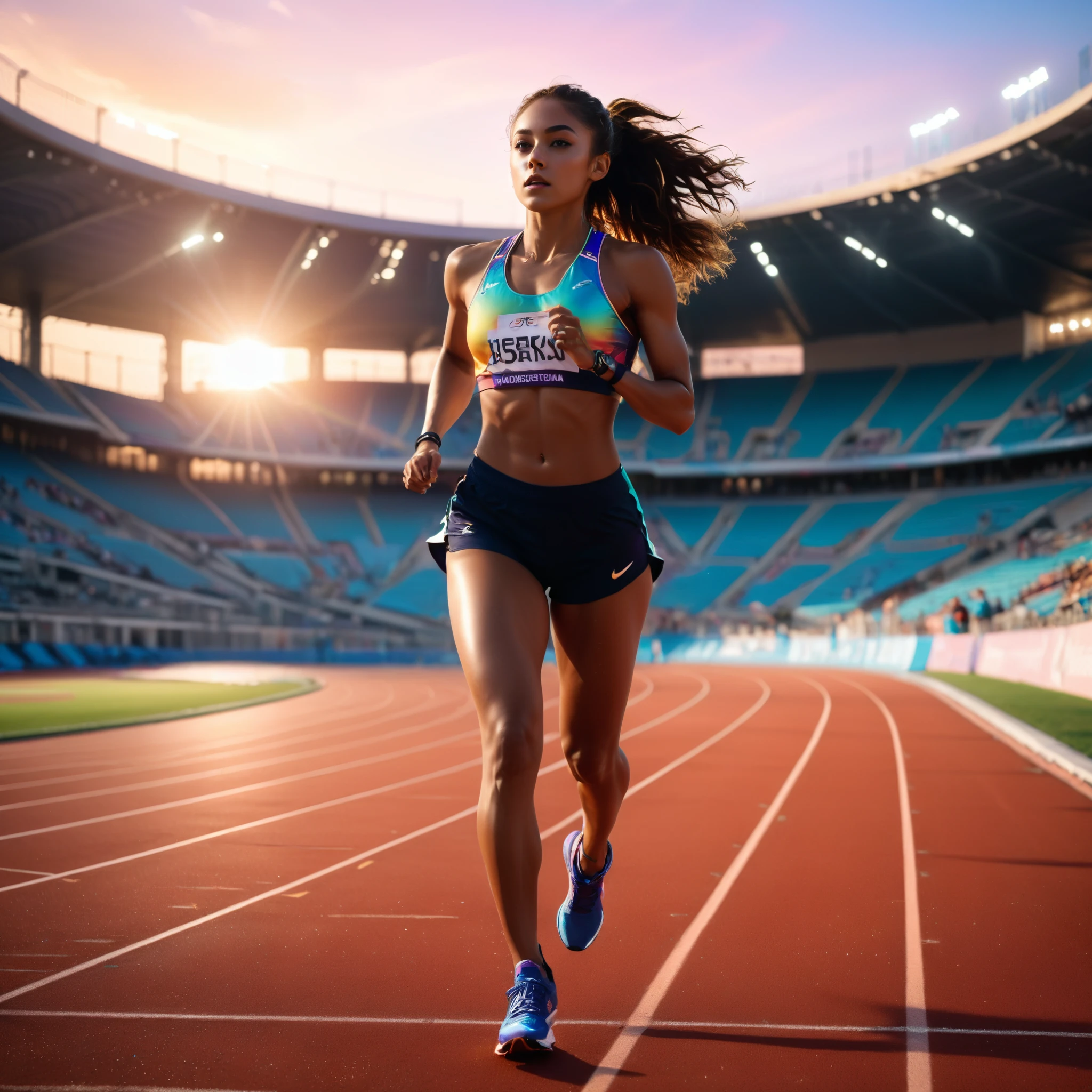 running track athlete,iridescent sportwear,shoes,perfect anatomy,innocent,stadium,sunset,cinematic lighting,(masterpiece,8k,Professional,perfect composition,very aesthetic,absurdres,ultra-detailed,intricate details:1.2),perfect proportion