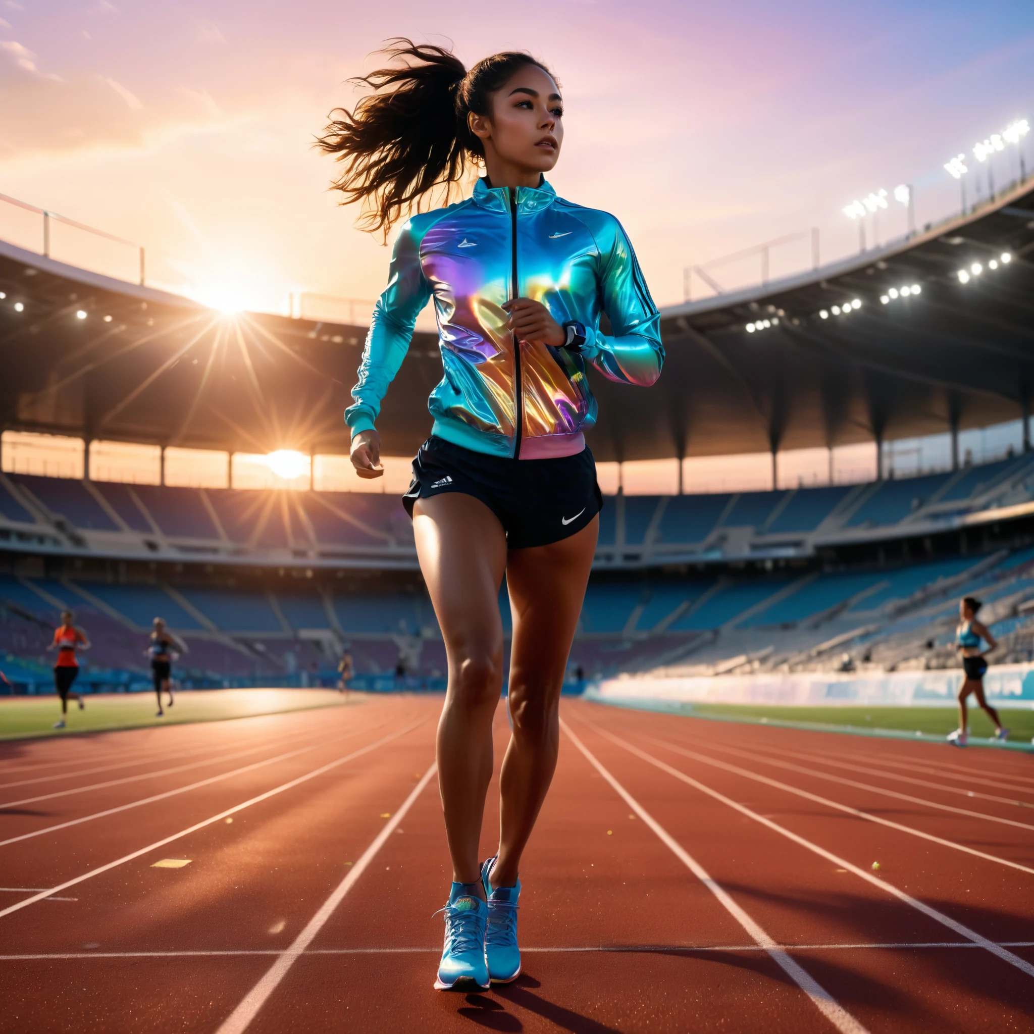 running track athlete,iridescent sportwear,shoes,perfect anatomy,innocent,stadium,sunset,cinematic lighting,(masterpiece,8k,Professional,perfect composition,very aesthetic,absurdres,ultra-detailed,intricate details:1.2),perfect proportion